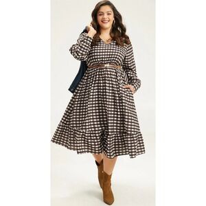 BloomChic Midi Dress 22-24 Brown Gingham Tiered V-Neck Long Sleeve Festival Boho